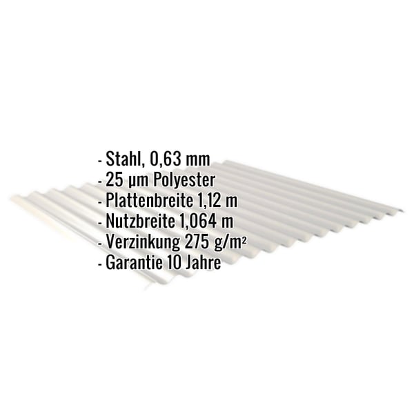 Wellblech 18/1064 in Weißaluminium mit eingeblendeten Eckdaten zu Material, Stärke und Maßen