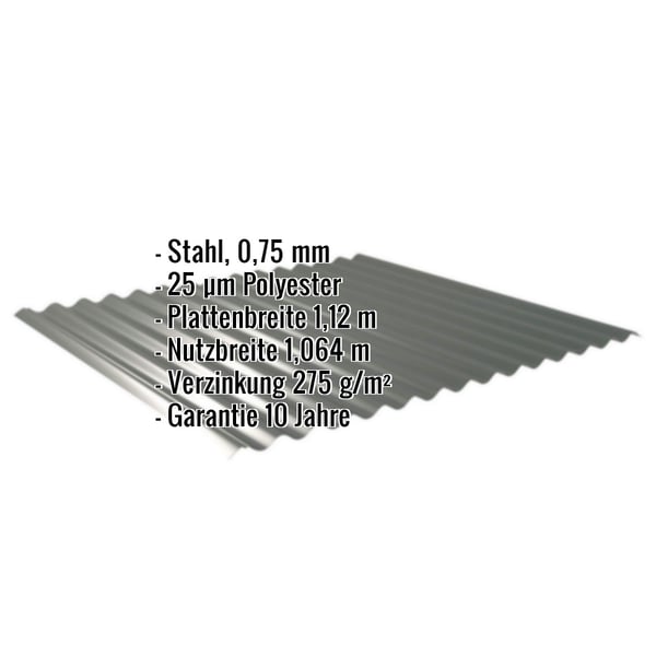 Wellblech 18/1064 aus Stahl 0,75 mm in Chromoxidgrün mit Polyesterbeschichtung, Eckdaten eingeblendet