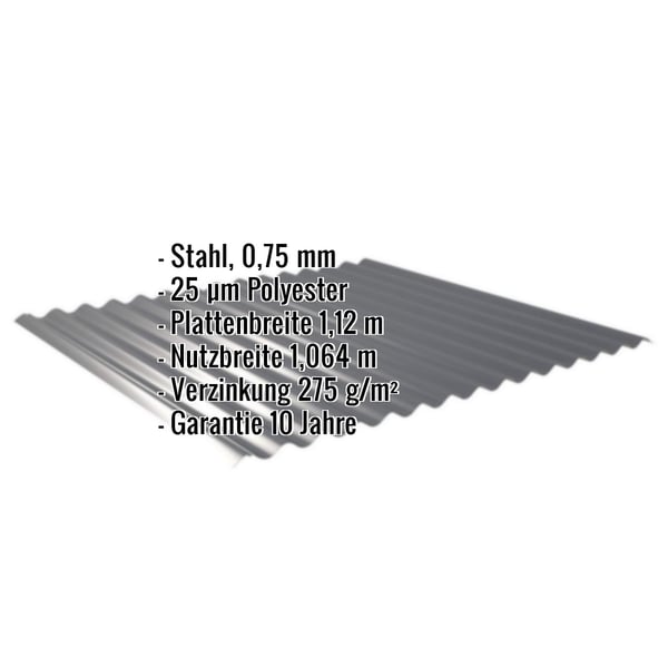 Wellblech 18/1064 anthrazitgrau, 0,75 mm Stahl, mit eingeblendeten Eckdaten und Garantiehinweis