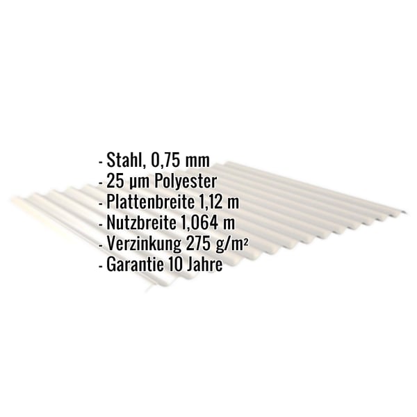 Wellblech Stahl 0,75 mm Grauweiß, Infografik mit Eckdaten zu Material, Beschichtung, Breite und Garantie