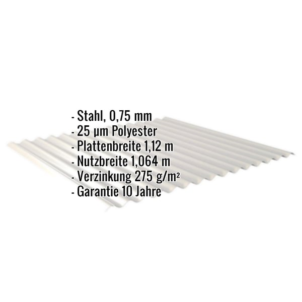 Wellblech 18/1064 in Weißaluminium, Stahl 0,75 mm, mit eingeblendeten technischen Daten und Garantie