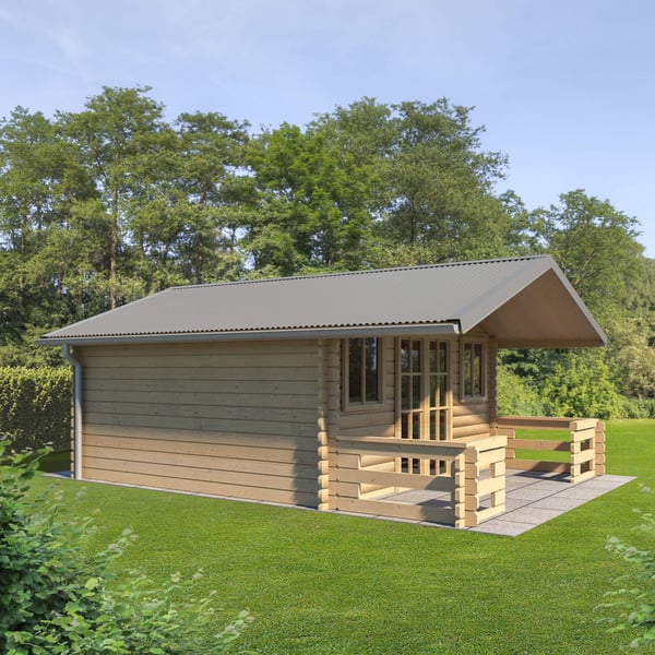 Wellblech 18/1064 als Dacheindeckung auf einem Gartenhaus aus Holz, Ansicht von vorne
