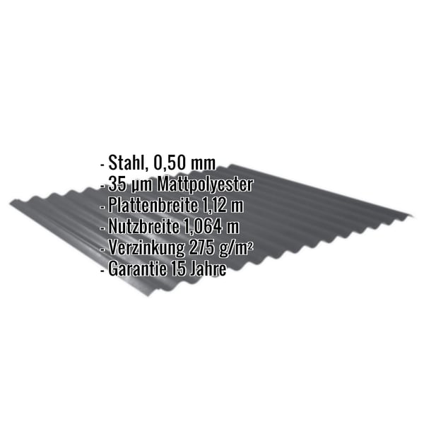 Wellblech 18/1064 dunkelgrau mit eingeblendeten Eckdaten: Stahl 0,50 mm, 35 µm Mattpolyester, Plattenbreite 1,12 m