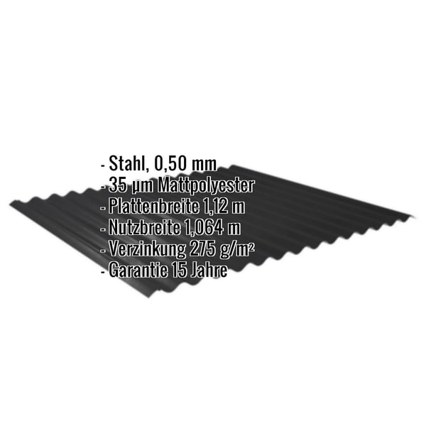 Wellblech 18/1064 Stahl 0,50 mm Schwarz, mit eingeblendeten Eckdaten