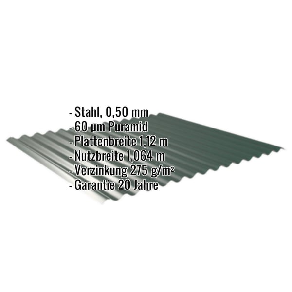 Wellblech 18/1064, Moosgrün RAL 6005, 0,50 mm Stahl, mit eingeblendeten Eckdaten