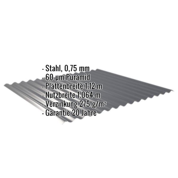Wellblech 18/1064, Anthrazitgrau RAL 7016, 0,75 mm Stahl mit 60 µm Puramid Beschichtung, Infografik mit Eckdaten