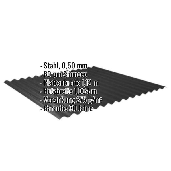 Wellblech 18/1064 Tiefschwarz, 0,50 mm Stahl, mit eingeblendeten Eckdaten zu Material und Massen