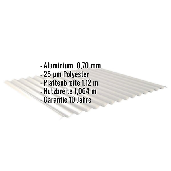 Wellblech Aluminium 0,70 mm Weißaluminium mit eingeblendeten Eckdaten zu Material, Beschichtung, Breite und Garantie