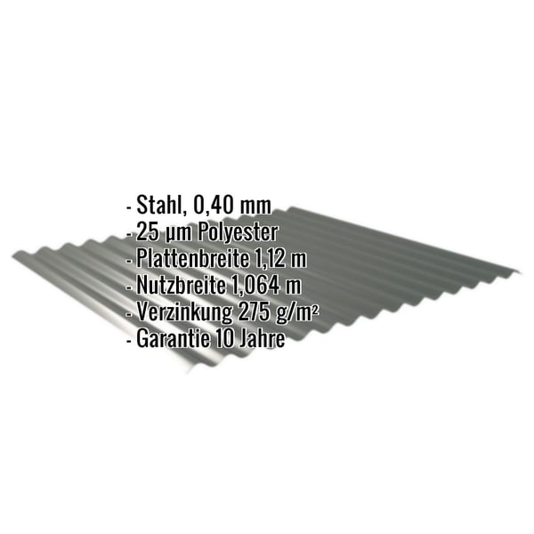 Wellblech 18/1064, Stahl 0,40 mm, Chromoxidgrün RAL 6020, mit eingeblendeten technischen Daten