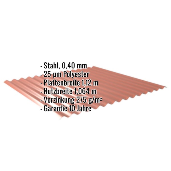 Wellblech 18/1064, kupferbraun, mit eingeblendeten technischen Daten wie Material, Staerke und Beschichtung