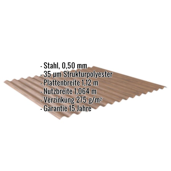 Wellblech 18/1064 Stahl 0,50 mm Eiche, Infografik mit Eckdaten zu Material, Staerke und Beschichtung