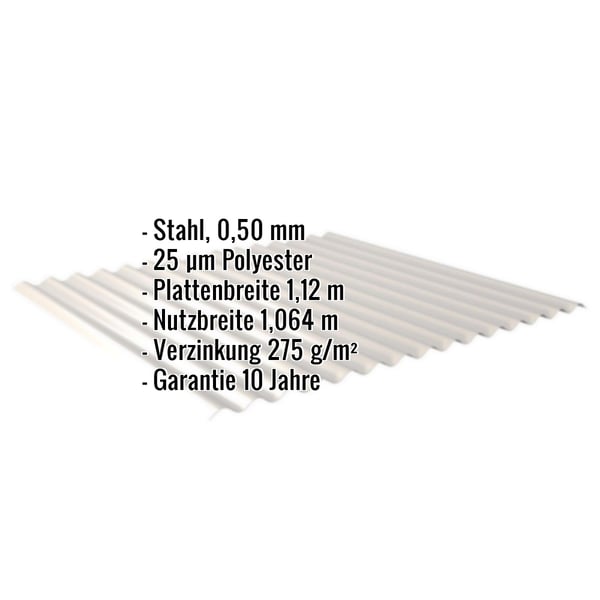 Wellblech 18/1064, Lichtgrau, mit eingeblendeten technischen Daten wie Material, Stärke und Garantie