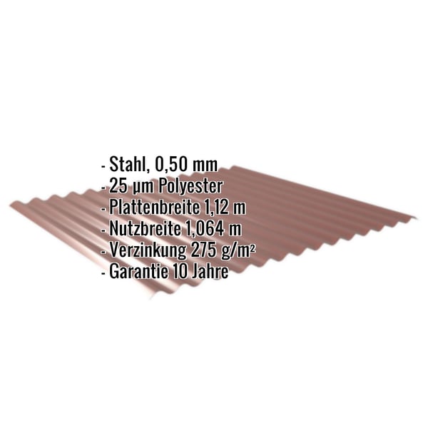 Wellblech 18/1064, Stahl 0,50 mm, Rotbraun RAL 8012, mit eingeblendeten Eckdaten