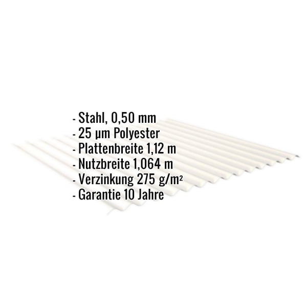 Wellblech 18/1064 Reinweiß (RAL 9010) mit eingeblendeten Eckdaten zu Material, Beschichtung und Garantie