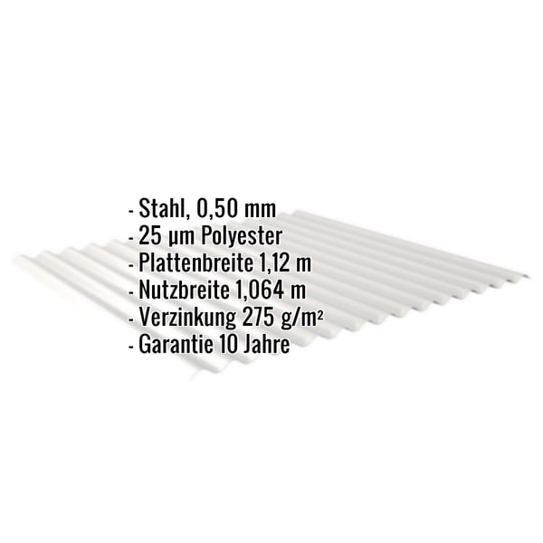 Wellblech 18/1064 aus Stahl, 0,50 mm, Weißaluminium, mit eingeblendeten Eckdaten