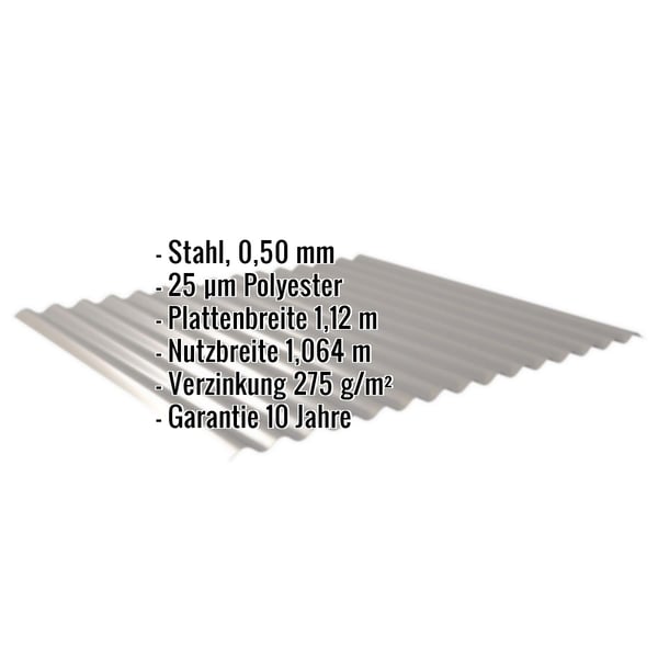 Wellblech 18/1064 Graualuminium, Infografik mit Eckdaten Stahl 0,50 mm, 25 µm Polyester, Plattenbreite, Nutzbreite,