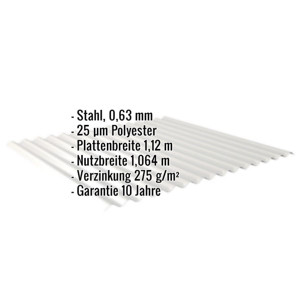 Wellblech 18/1064 in Weißaluminium, Stahl 0,63 mm, mit eingeblendeten Eckdaten zu Material und Massen