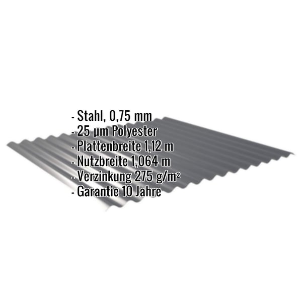 Wellblech 18/1064 Anthrazitgrau, Stahl 0,75 mm, 25 µm Polyester, mit eingeblendeten Eckdaten