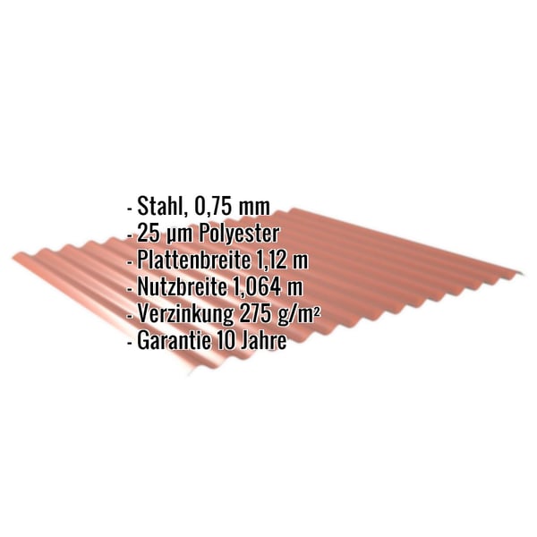 Wellblech 18/1064 kupferbraun, Stahl 0,75 mm, mit eingeblendeten Eckdaten zu Material und Massen