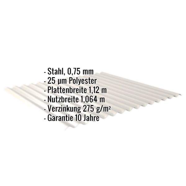 Wellblech 18/1064, Grauweiß, Stahl 0,75 mm, 25 µm Polyester, mit eingeblendeten Eckdaten
