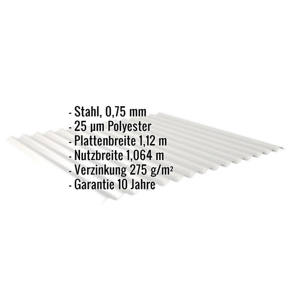 Wellblech 18/1064, Weißaluminium, mit eingeblendeten Eckdaten zu Material, Stärke, Beschichtung und Garantie