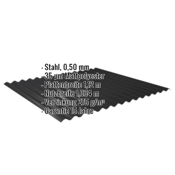 Wellblech 18/1064, schwarz, 0,50 mm Stahl, mit eingeblendeten technischen Daten