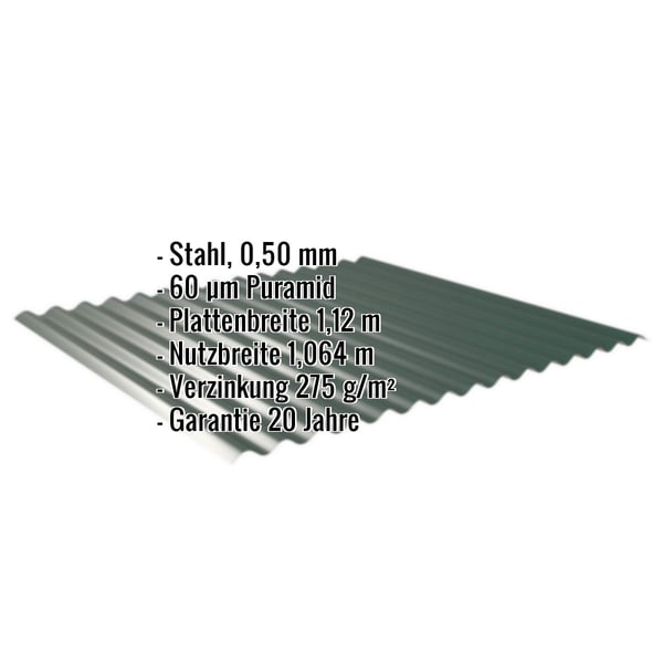 Wellblech 18/1064 Moosgrün (RAL 6005) mit eingeblendeten Eckdaten: Stahl, 0,50 mm, 60 µm Puramid