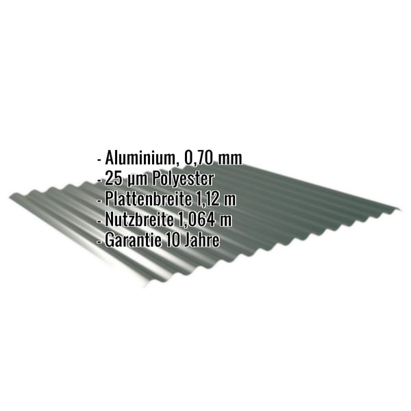 Wellblech 18/1064, Moosgrün RAL 6005, Aluminium 0,70 mm, mit eingeblendeten Eckdaten