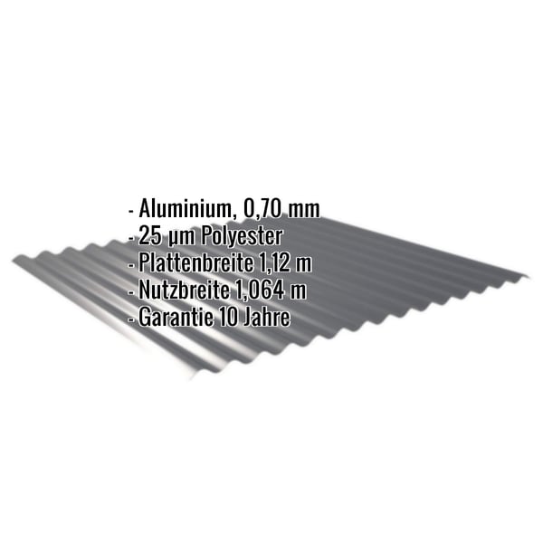 Wellblech 18/1064, Aluminium 0,70 mm, Anthrazitgrau RAL 7016, mit eingeblendeten Eckdaten