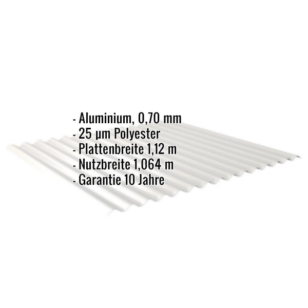 Wellblech 18/1064 aus Aluminium 0,70 mm, Weißaluminium, mit eingeblendeten Eckdaten