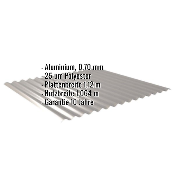 Wellblech 18/1064 Aluminium 0,70 mm, Graualuminium RAL 9007, mit eingeblendeten Eckdaten