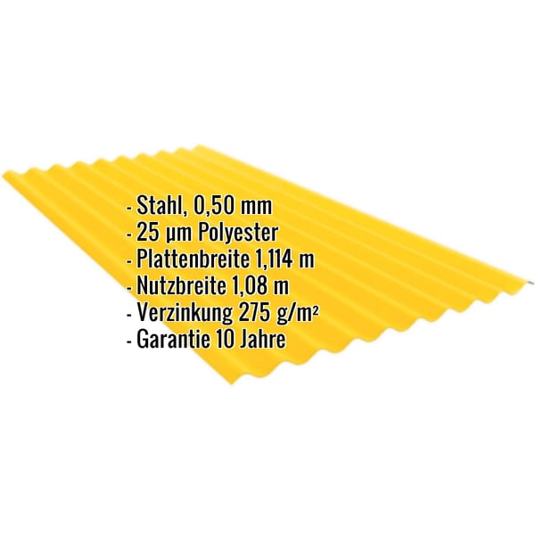 Wellblech PF25W Rapsgelb (RAL 1021) aus Stahl 0,50 mm mit Polyesterbeschichtung, Eckdaten eingeblendet