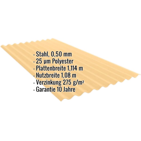 Wellblech PF25W aus sandgelbem Stahl, 0,50 mm, mit Polyesterbeschichtung, Eckdaten eingeblendet