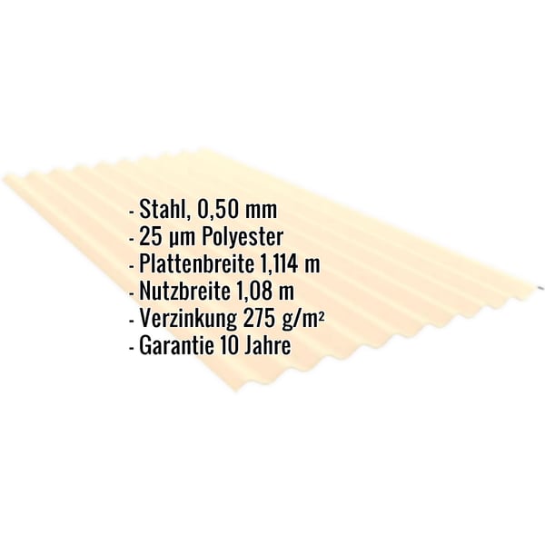 Wellblech PF25W Hellelfenbein, 0,50 mm Stahl, mit eingeblendeten Eckdaten
