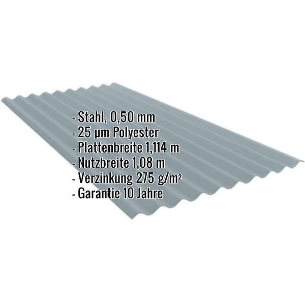 Wellblech PF25W Fehgrau mit eingeblendeten Eckdaten zu Material, Staerke und Beschichtung