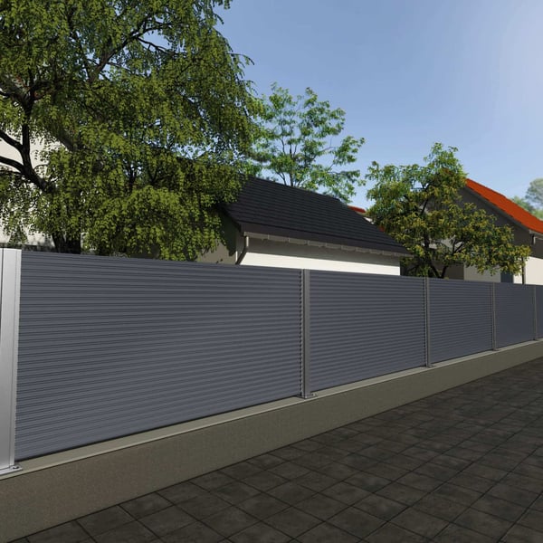 Wellblech PF25W Graphitgrau RAL 7024 als Sichtschutzzaun im Garten verbaut