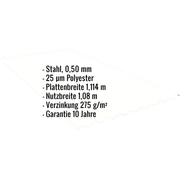 Infografik: Eckdaten Wellblech PF25W, Stahl 0,50 mm, 25 µm Polyester, Plattenbreite 1,114 m, Nutzbreite 1,08 m