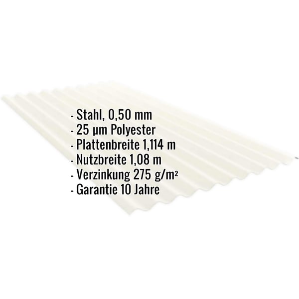 Wellblech PF25W Grauweiß (RAL 9002) mit eingeblendeten Eckdaten zu Material, Staerke und Garantie