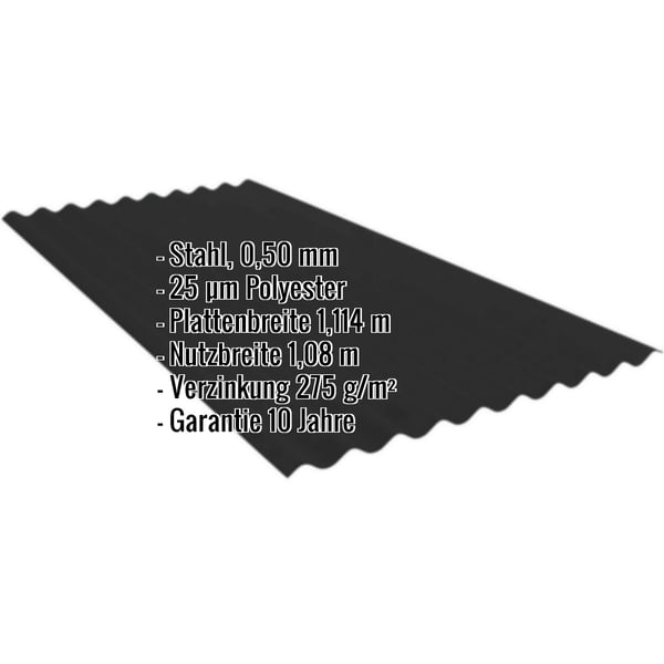 Wellblech PF25W Tiefschwarz RAL 9005, 0,50 mm Stahl mit 25 µm Polyesterbeschichtung, Eckdaten eingeblendet