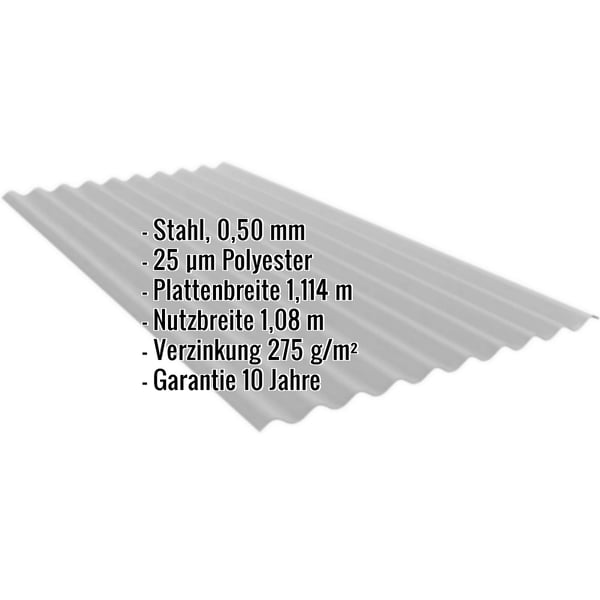 Wellblech PF25W Weißaluminium, Stahl 0,50 mm, 25 µm Polyester, mit eingeblendeten Eckdaten