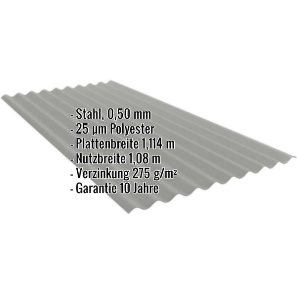 Wellblech PF25W Graualuminium mit eingeblendeten technischen Daten und Garantiehinweis