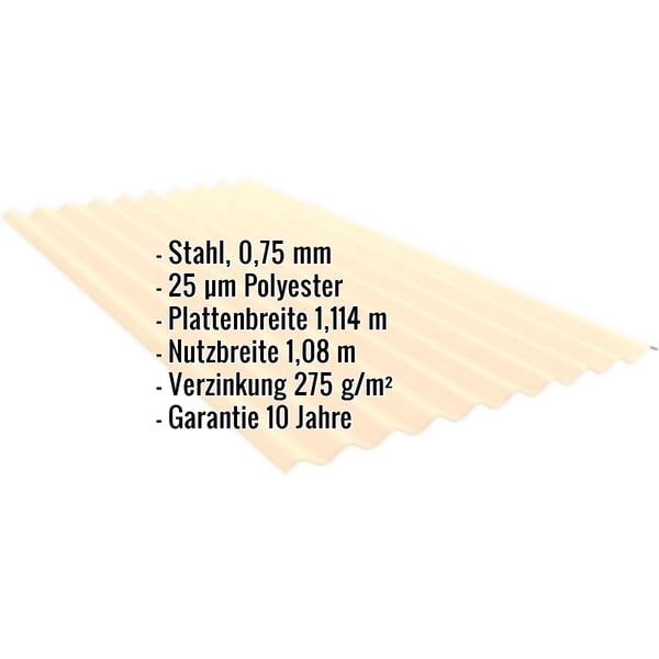 Wellblech PF25W Hellelfenbein, 0,75 mm Stahl, mit eingeblendeten Eckdaten zu Material und Massen