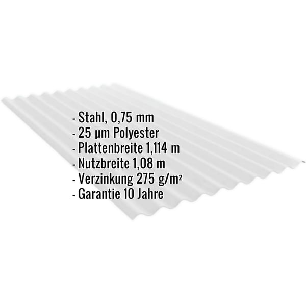 Wellblech PF25W Lichtgrau RAL 7035 mit eingeblendeten Eckdaten: Stahl, 0,75 mm, 25 µm Polyester, Plattenbreite