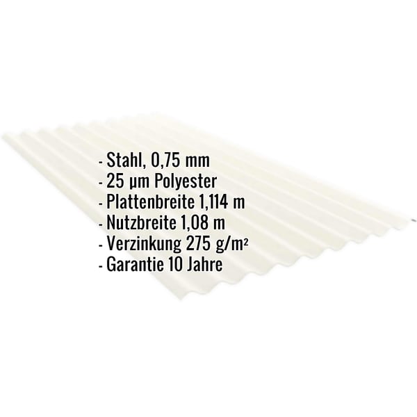 Wellblech PF25W Grauweiß, 0,75 mm Stahl, mit eingeblendeten Eckdaten zu Material und Garantie