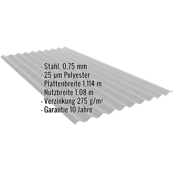 Wellblech PF25W aus Stahl, 0,75 mm, Weißaluminium RAL 9006, mit eingeblendeten Eckdaten