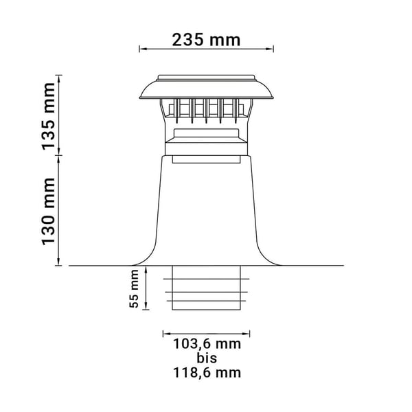 Technische Zeichnung Wohnraum-/Strangentlüfter DACHPROTECT mit Massen 235 mm, 135 mm, 130 mm, 55 mm