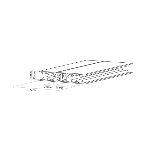 Technische Zeichnung der Zevener Sprosse Randprofil mit Massen 70 mm, 24 mm, 23 mm, 18 mm, 15 mm
