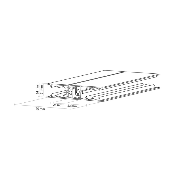 Technische Zeichnung der Zevener Sprosse Randprofil mit Gesamtmaßen 70 mm x 24 mm