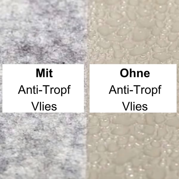 Vergleich einer Profilblech-Unterseite mit und ohne Anti-Tropf-Vlies