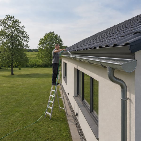Wasserprobe an der fertig montierten Dachrinne mit dem Gartenschlauch